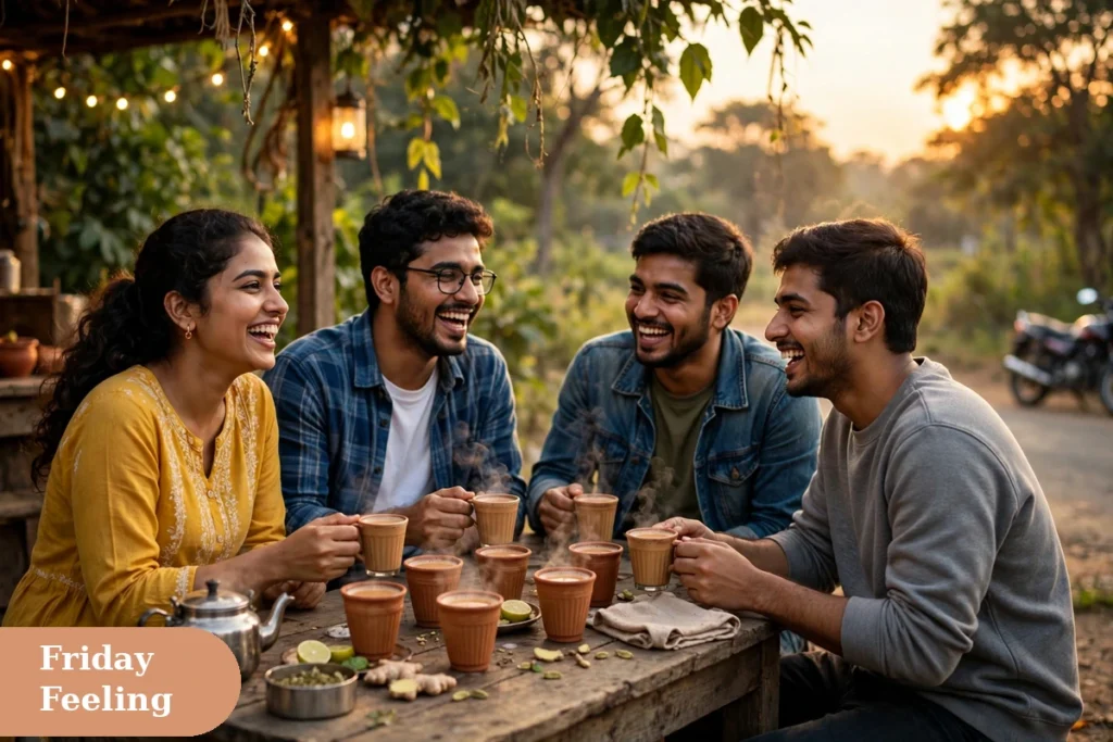 weekend captions for instagram with friends enjoying evening chai at a roadside tapri in warm golden glow