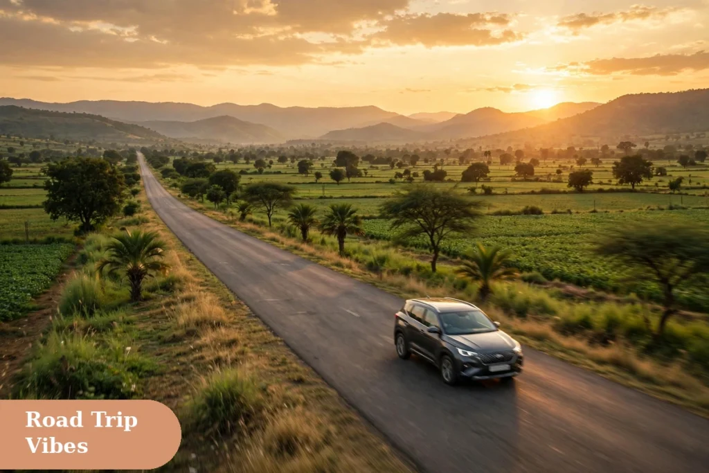weekend captions for instagram with a car driving on a scenic Indian highway at golden hour for a road trip