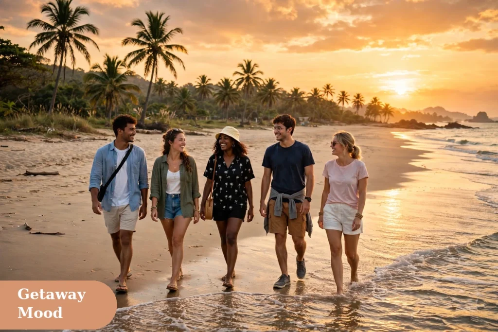 weekend captions for instagram with friends walking on a Goan beach at sunset during a beach getaway