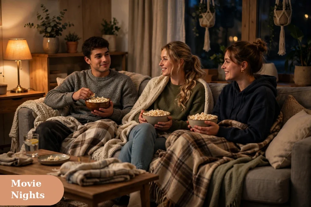 weekend captions for instagram with friends enjoying a cozy movie night on a couch with popcorn and warm lamp light