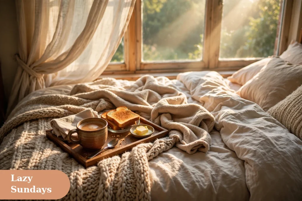 weekend captions for instagram with a breakfast tray in bed on a lazy Sunday morning with sunlight streaming in