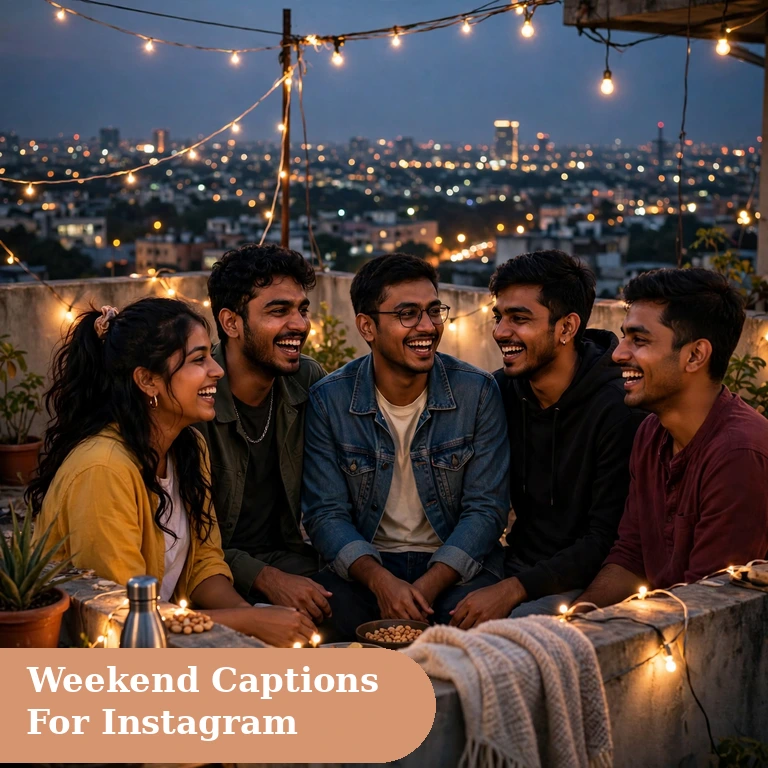 weekend captions for instagram featured image of young Indian friends on a rooftop at dusk with fairy lights and city lights
