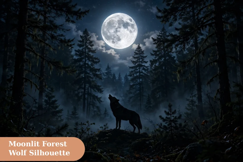 Werewolf captions for instagram with a moonlit forest scene and a wolf silhouette