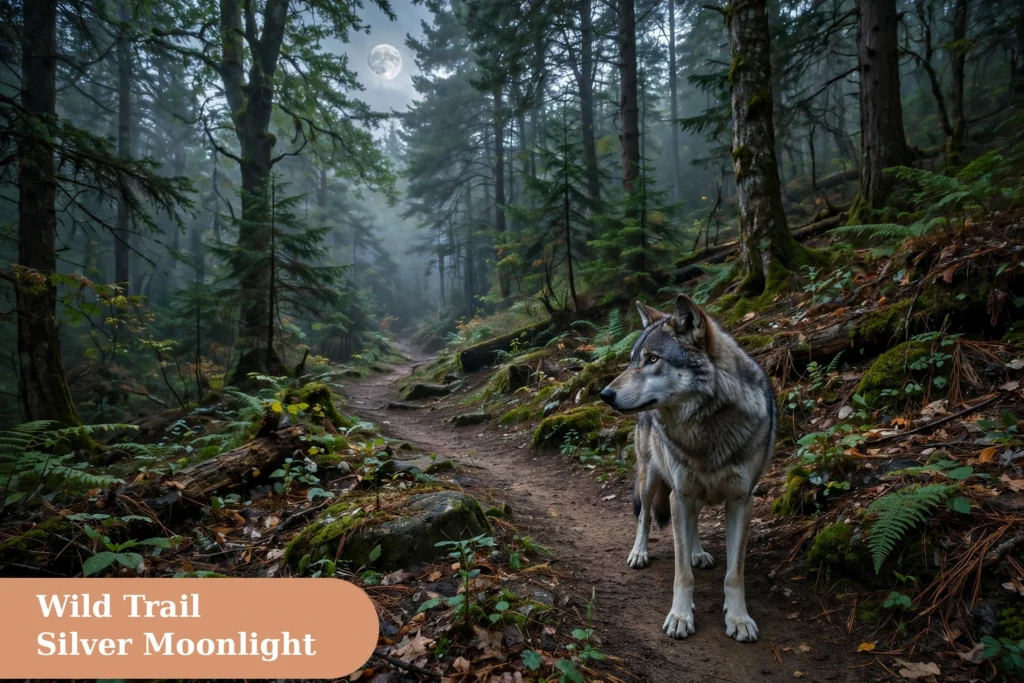 Werewolf captions for instagram with a wild forest trail scene under silver moonlight