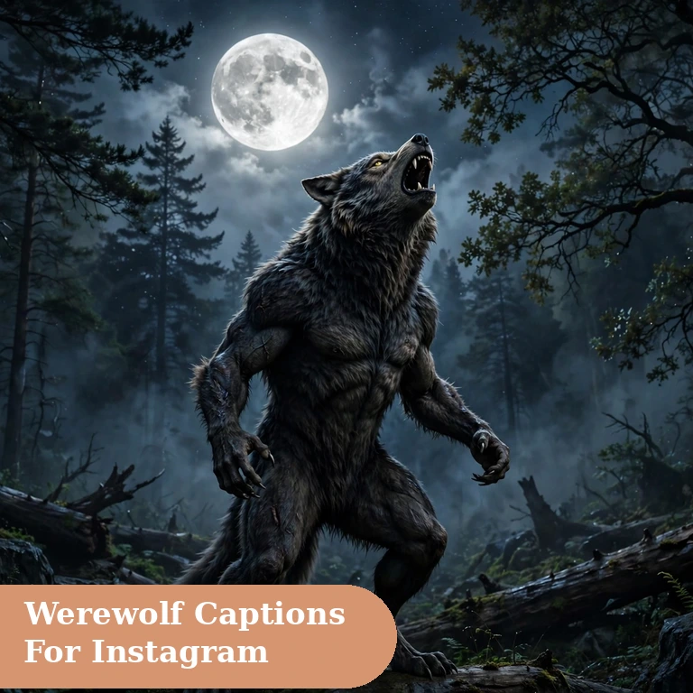 Werewolf captions for instagram featured image with a howling werewolf scene under a full moon