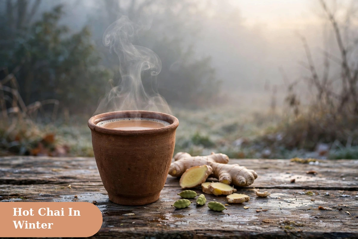 Winter captions for instagram hot chai served in a kulhad on a foggy morning