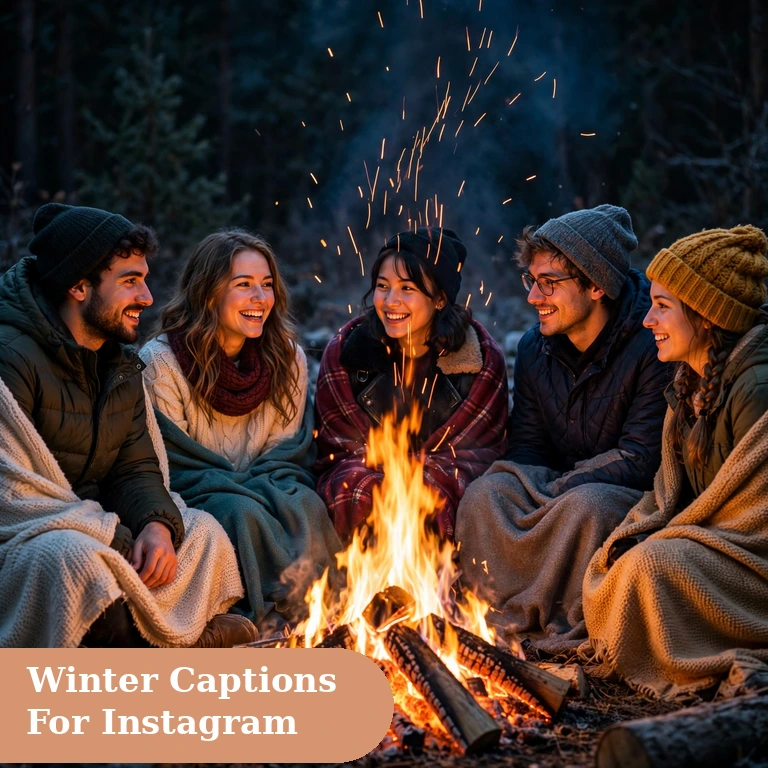 Best winter captions for instagram featured image with a cosy bonfire night scene