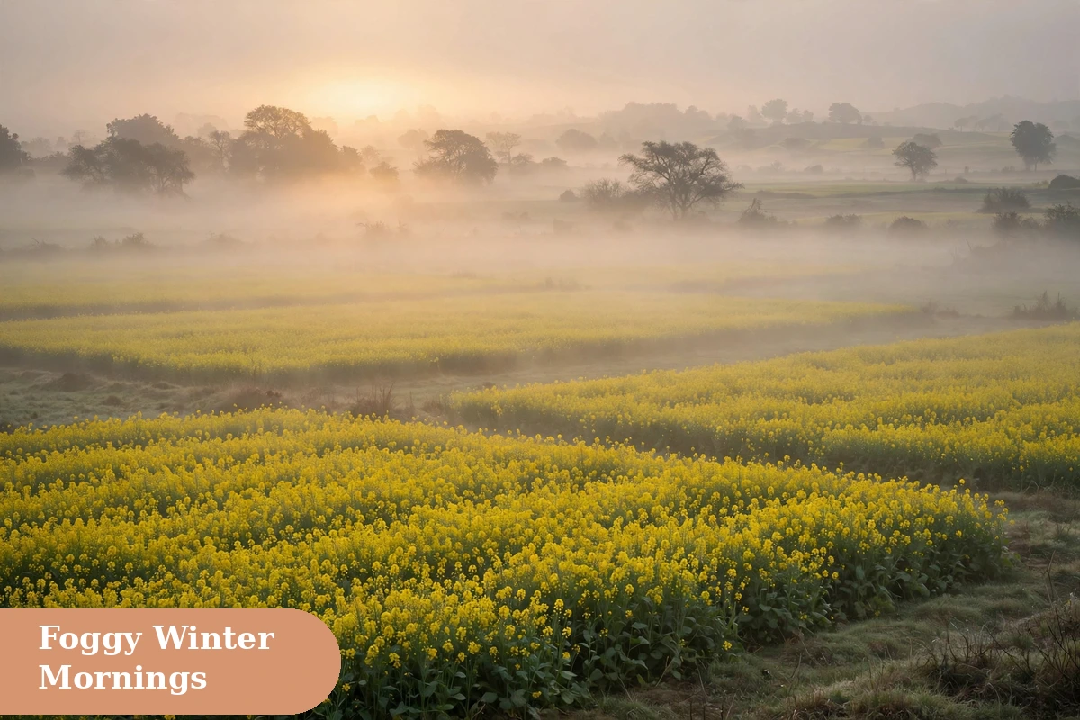 Winter captions for instagram foggy winter morning over an Indian village field