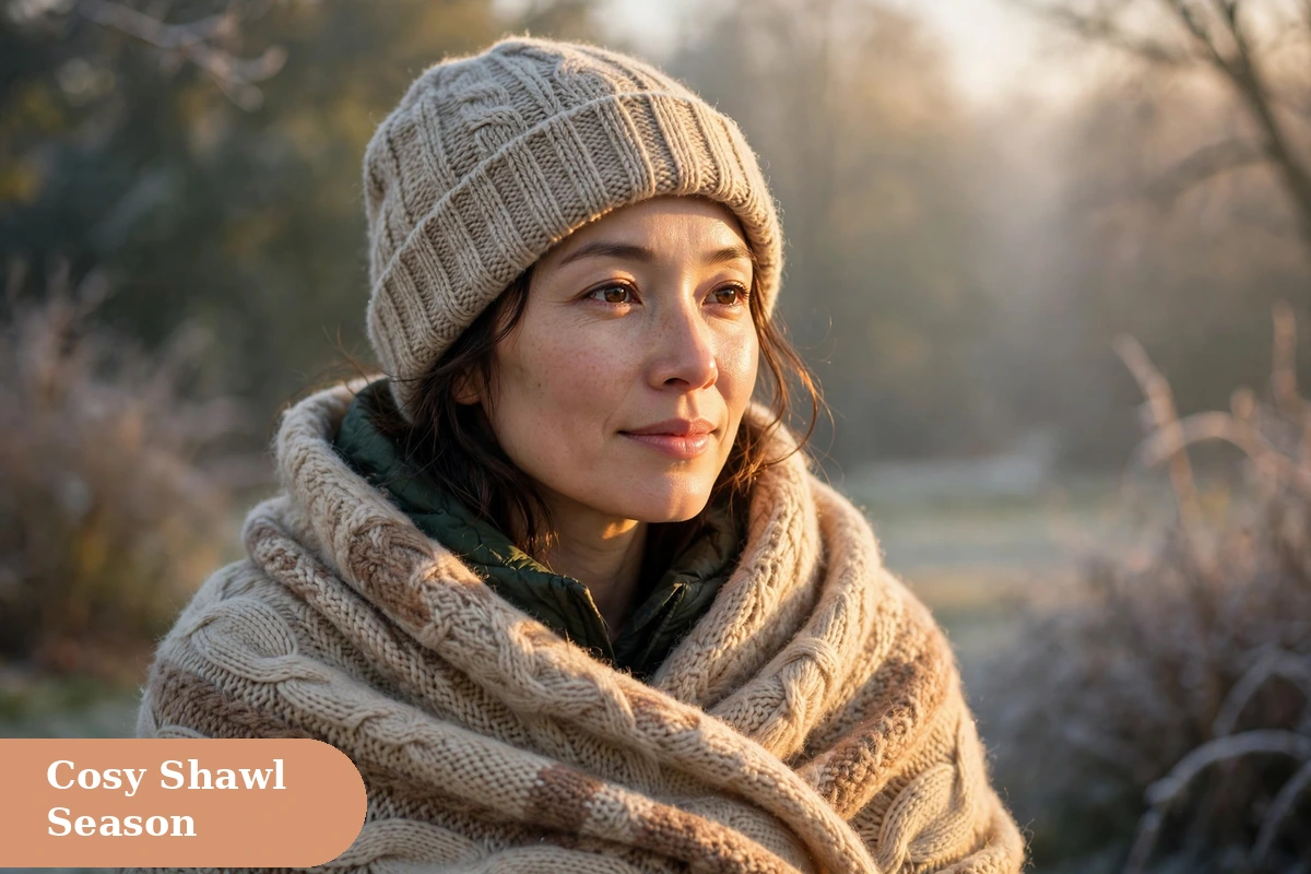 Winter captions for instagram cosy shawl and sweater weather outfit flatlay