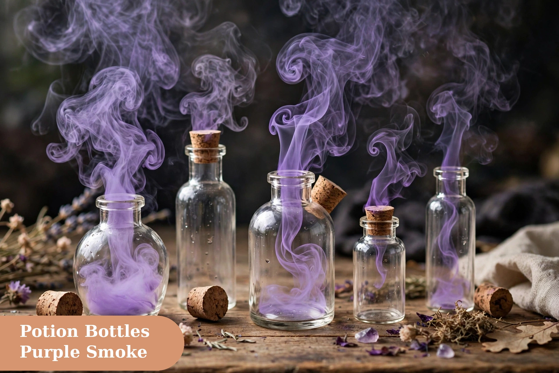 Witch captions for instagram with potion bottles and purple smoke on a table
