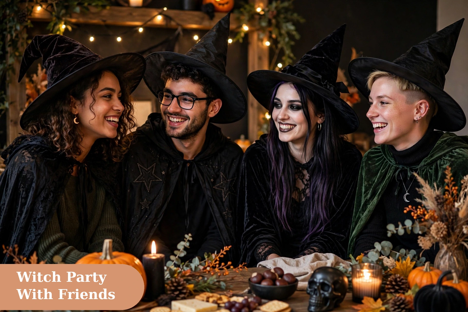 Witch captions for instagram with friends in witch costumes at a Halloween party