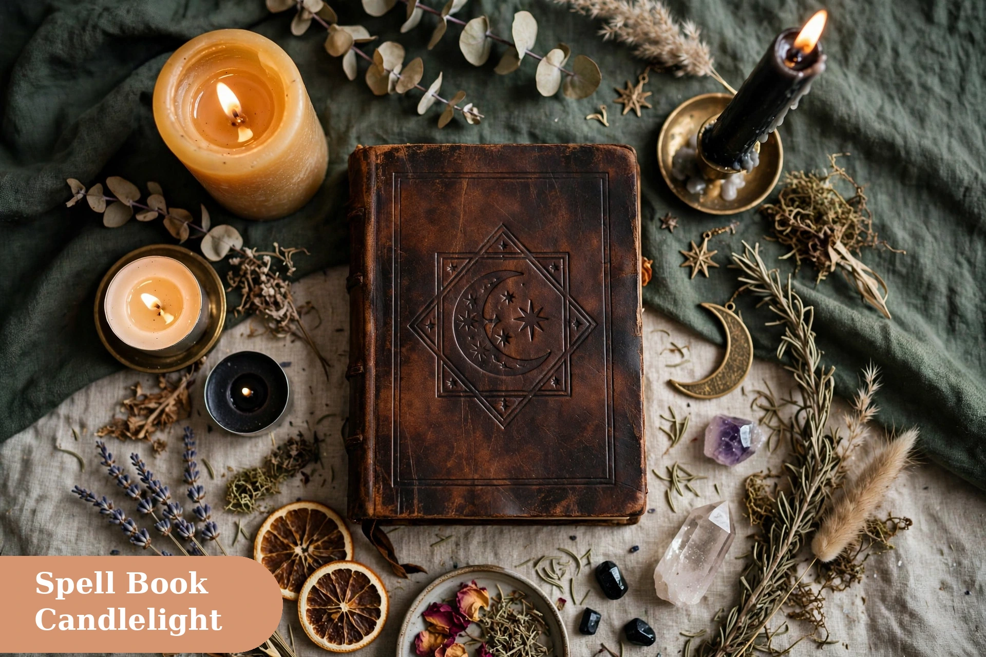 Witch captions for instagram with a spell book and candles flat lay