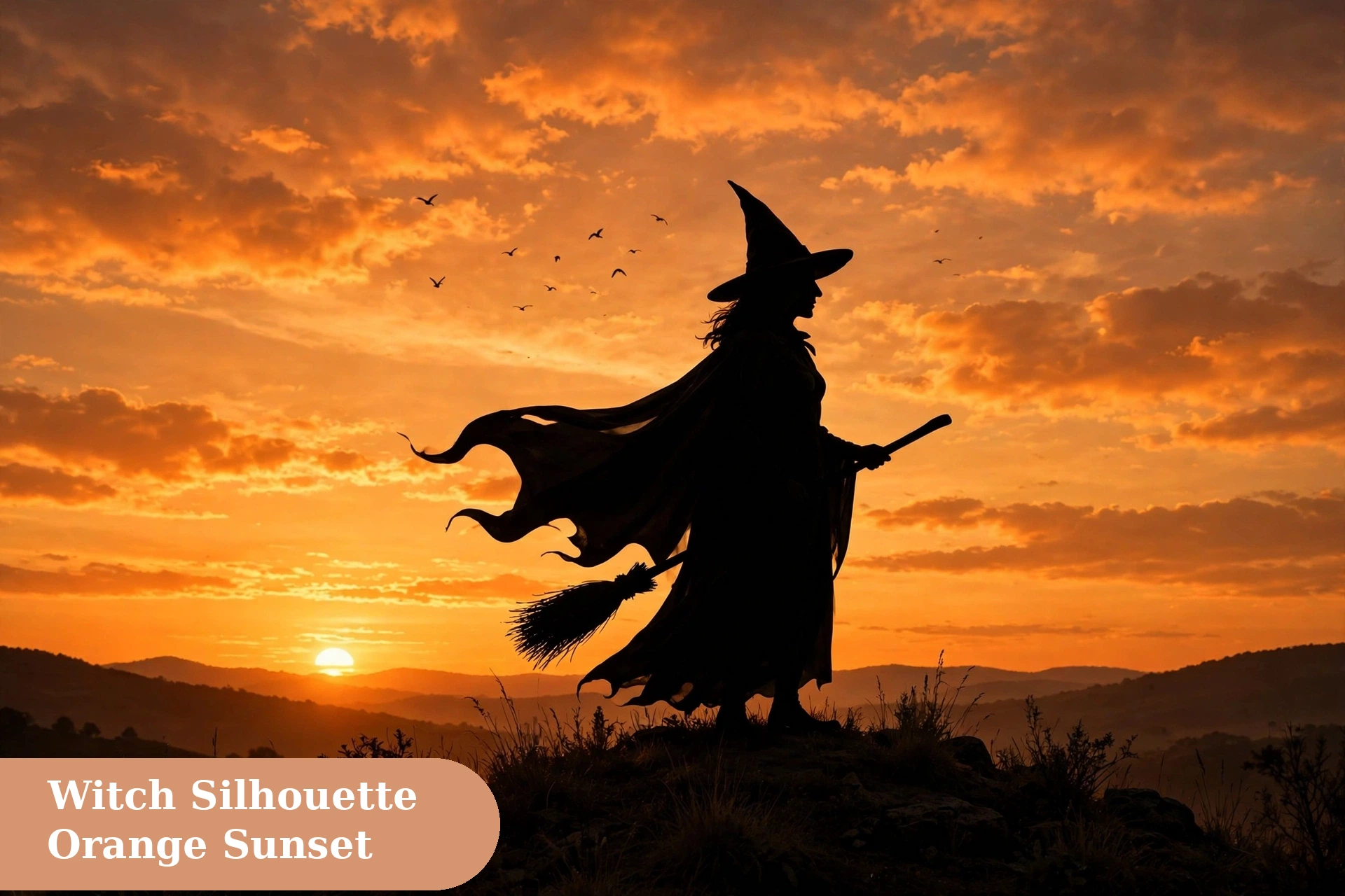 Witch captions for instagram with a witch silhouette against an orange sunset