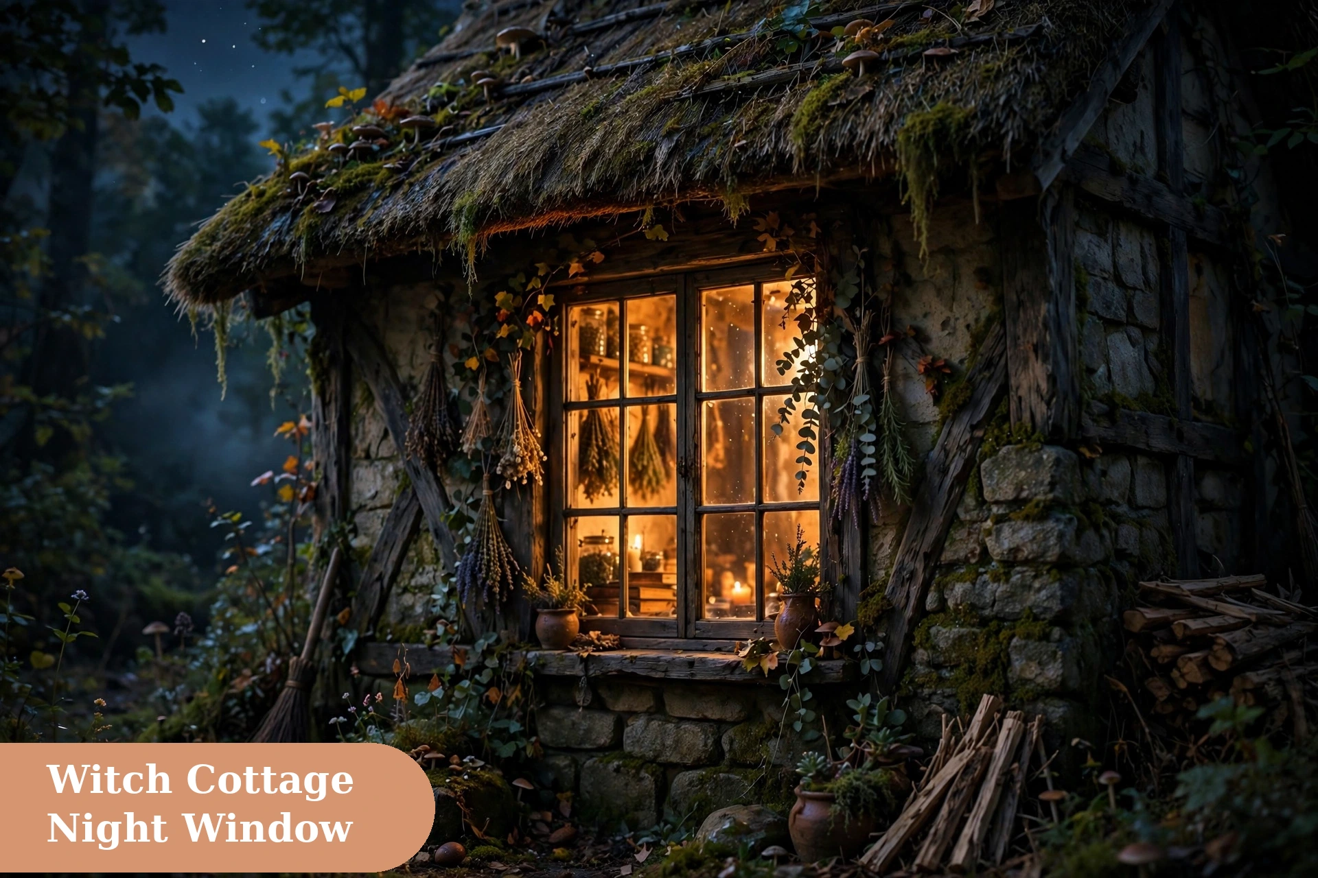 Witch captions for instagram with a cozy witch cottage window at night