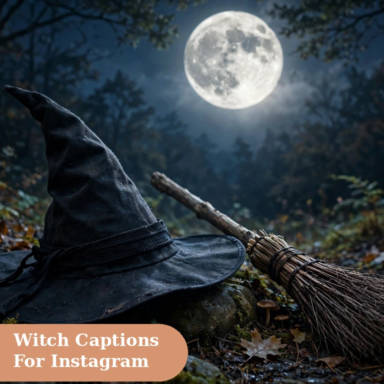 Witch captions for instagram featured image with a witch hat and broom under a full moon