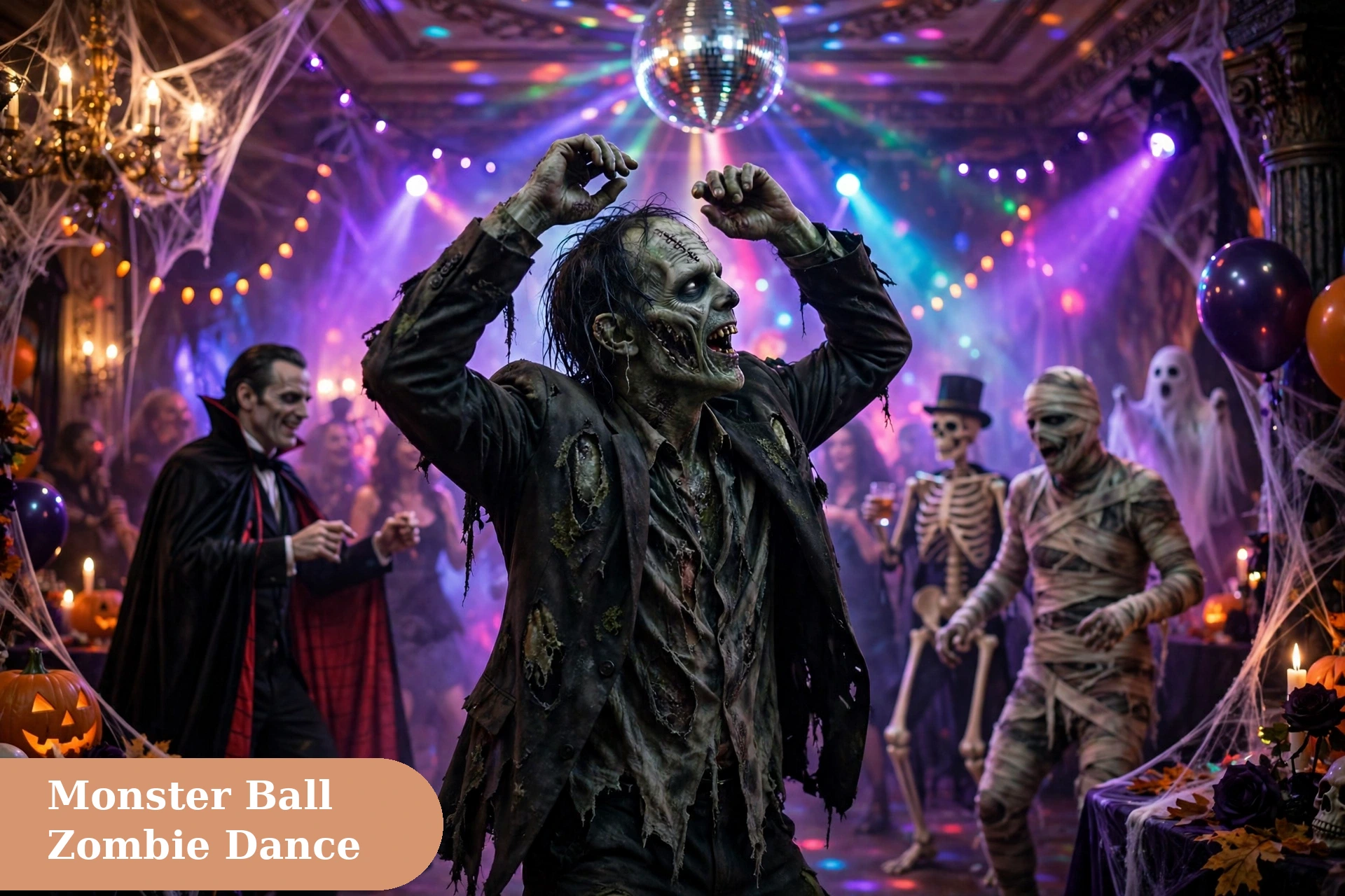 Zombie captions for instagram with a zombie dancing at a monster ball party