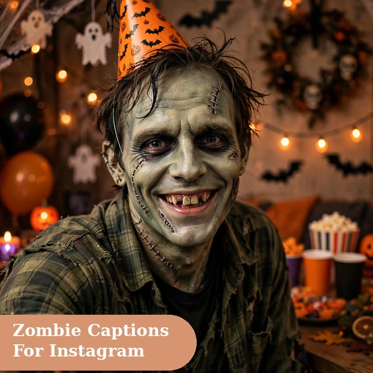 Zombie captions for instagram featured image with a friendly zombie at a Halloween party
